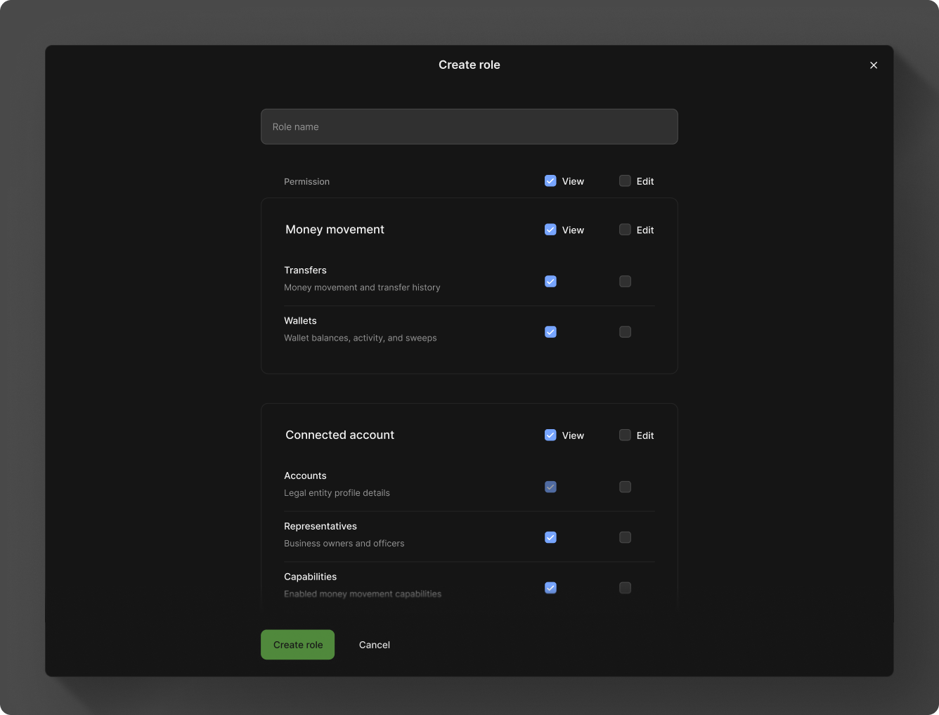 Screenshot of creating a role in the Moov Dashboard