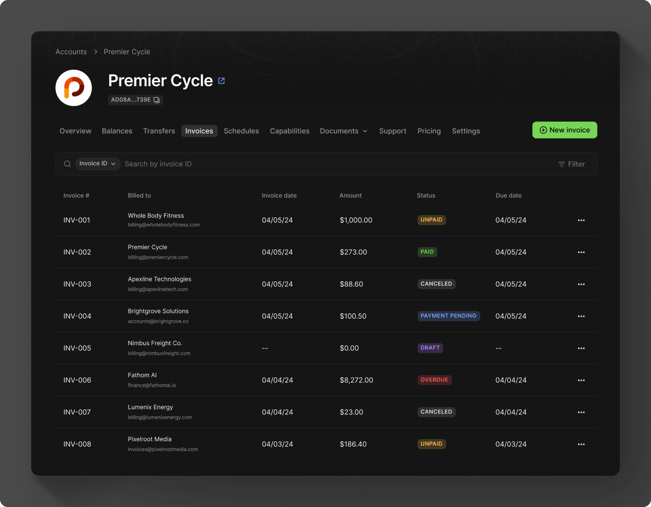 Invoices view in Moov Dashboard