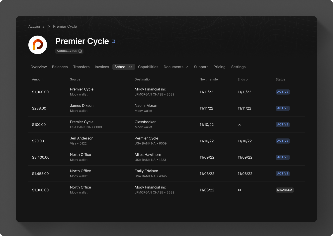 Invoices view in Moov Dashboard