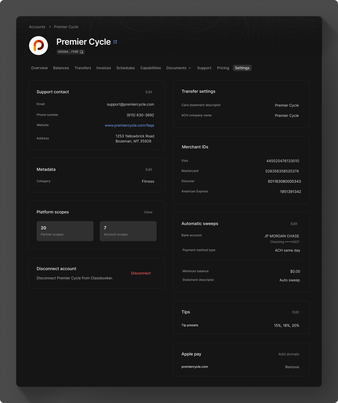 Settings view in the Moov Dashboard
