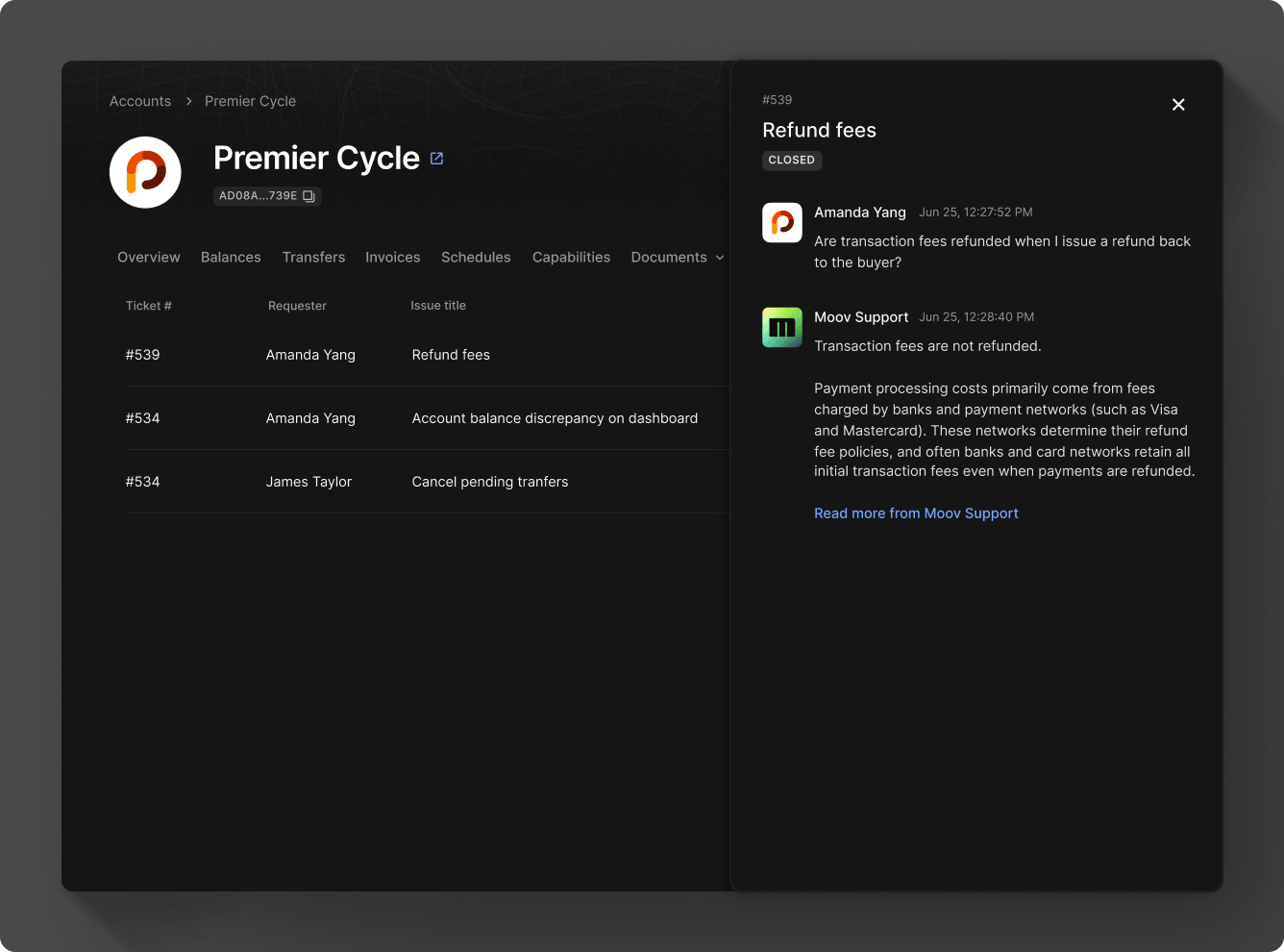 Support view in the Moov Dashboard