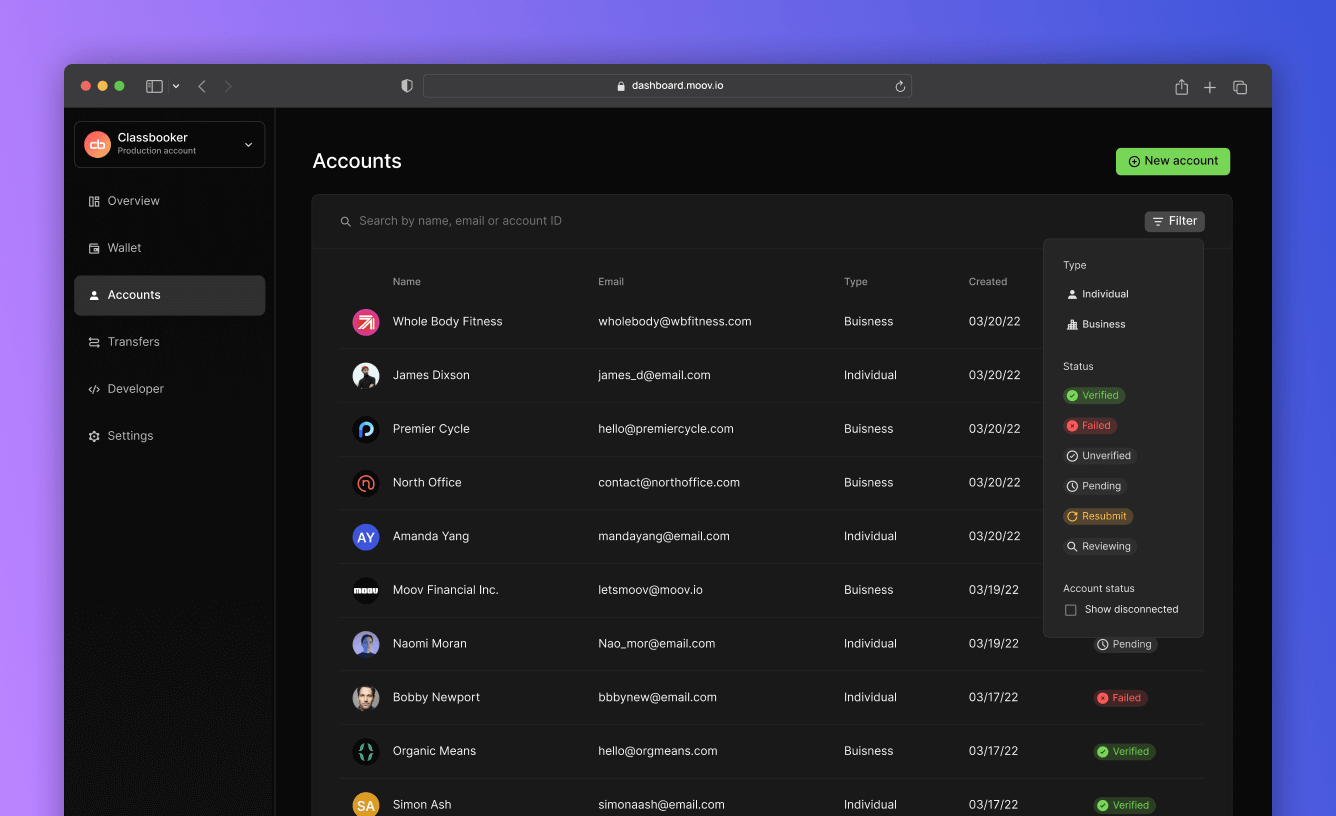 Account filters in the Moov Dashboard