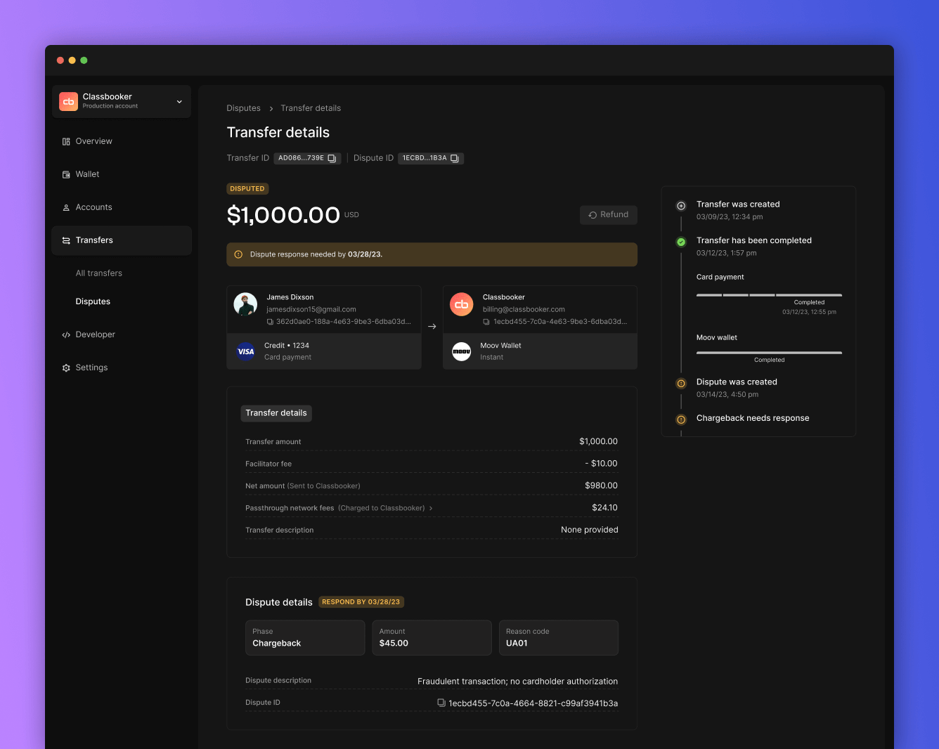 Dispute details in the Dashboard