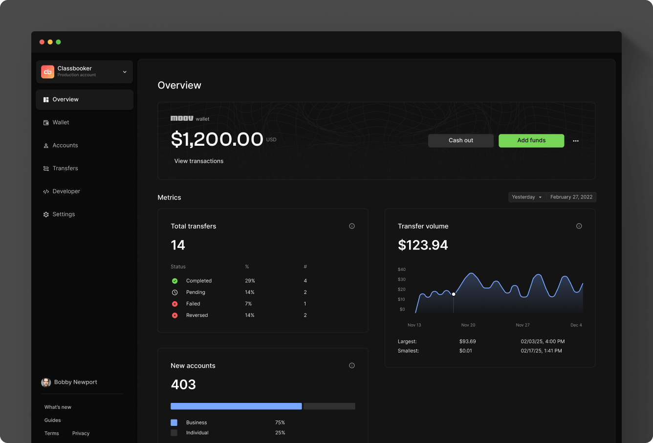 Business detail setting view in Moov Dashboard