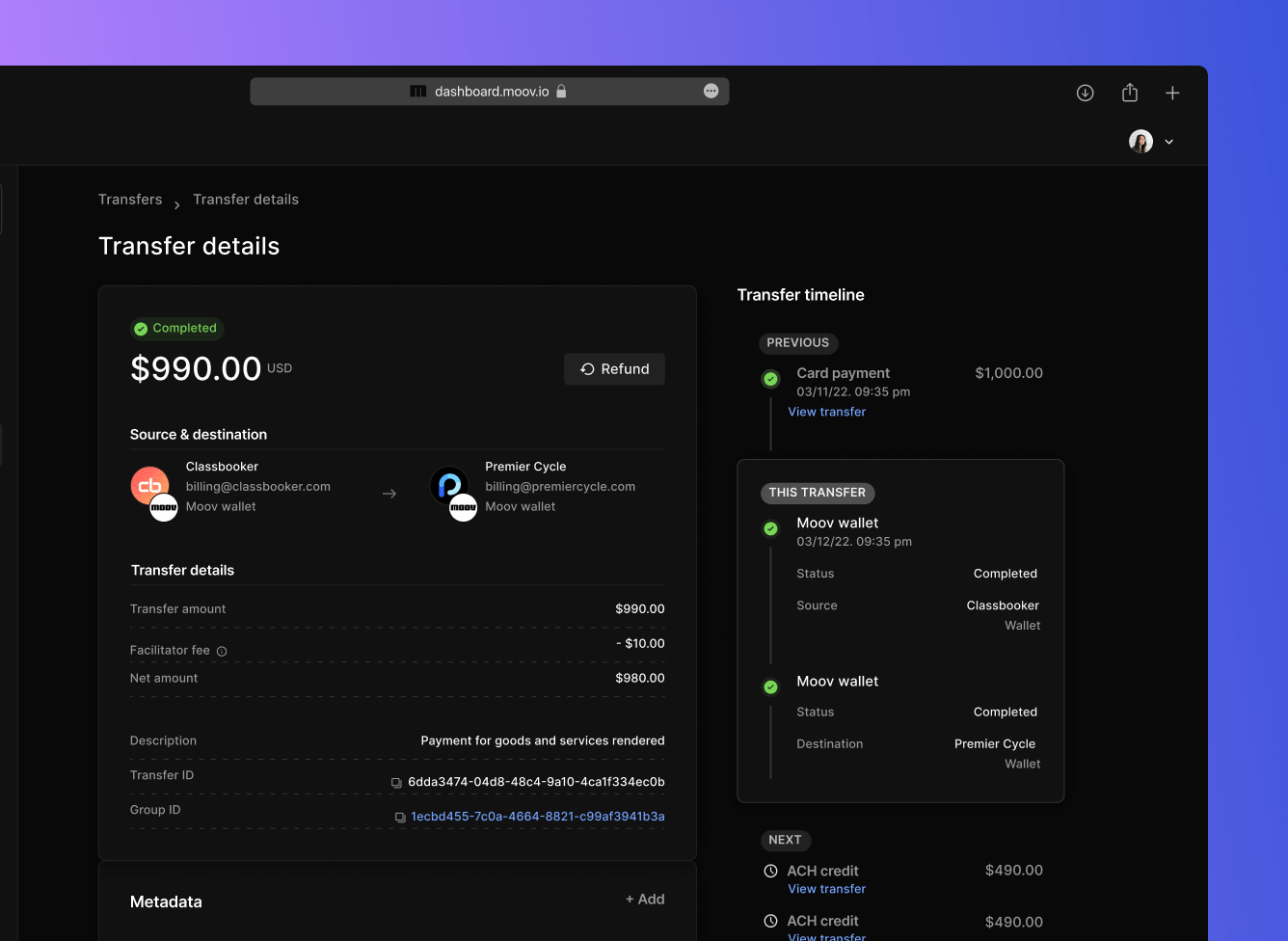 Transfer detail view in Moov Dashboard