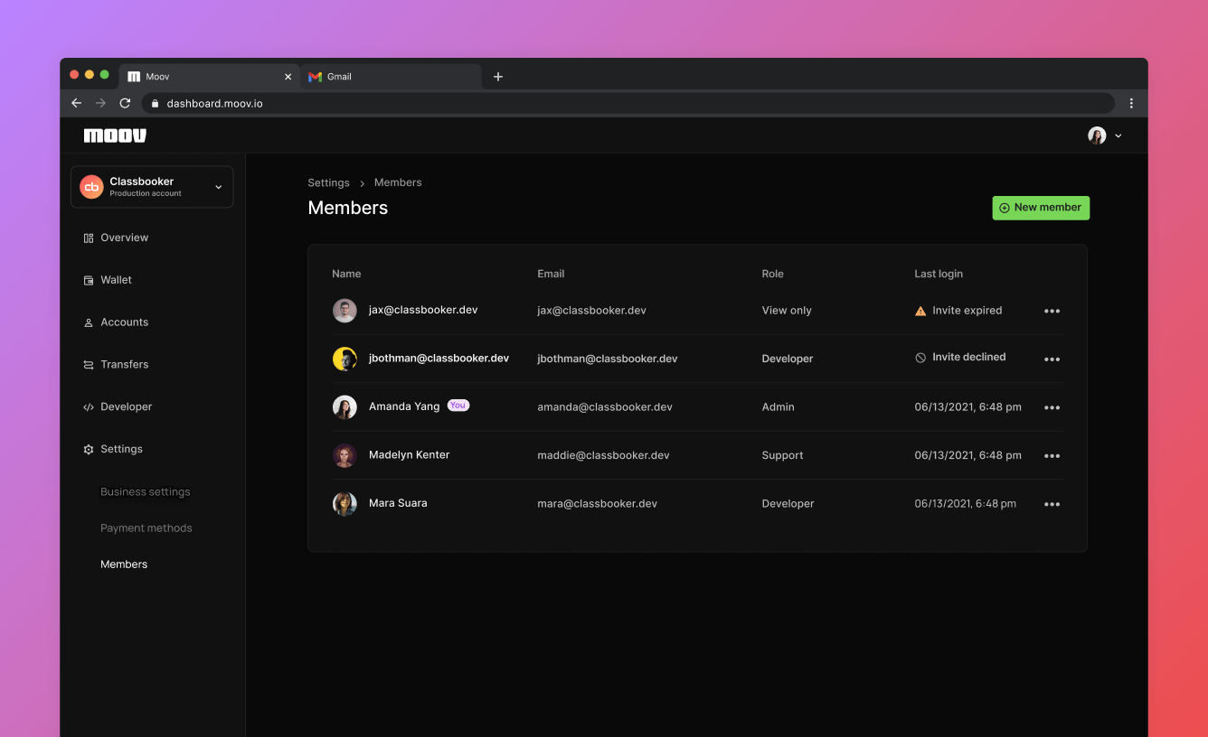 Manage team members view in Moov Dashboard