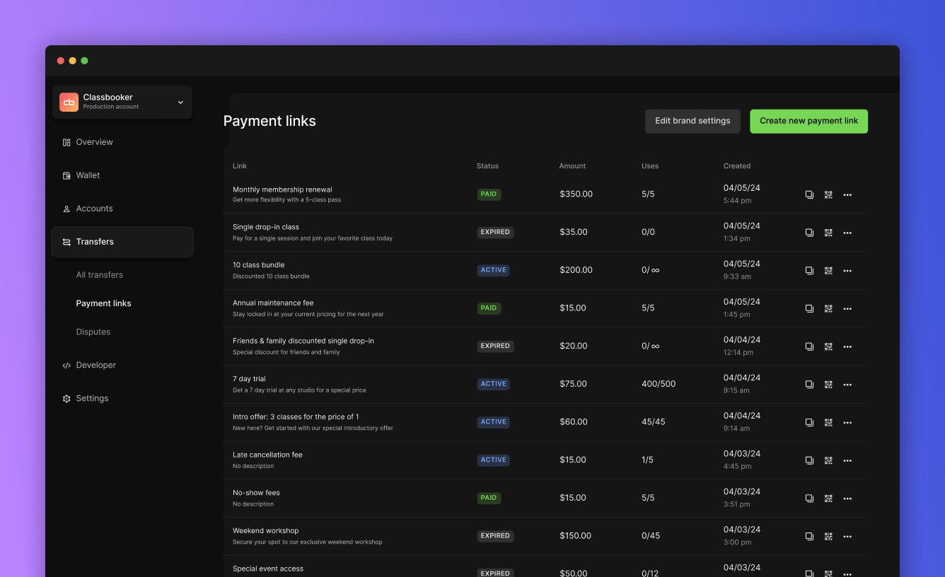 Payment link Dashboard view