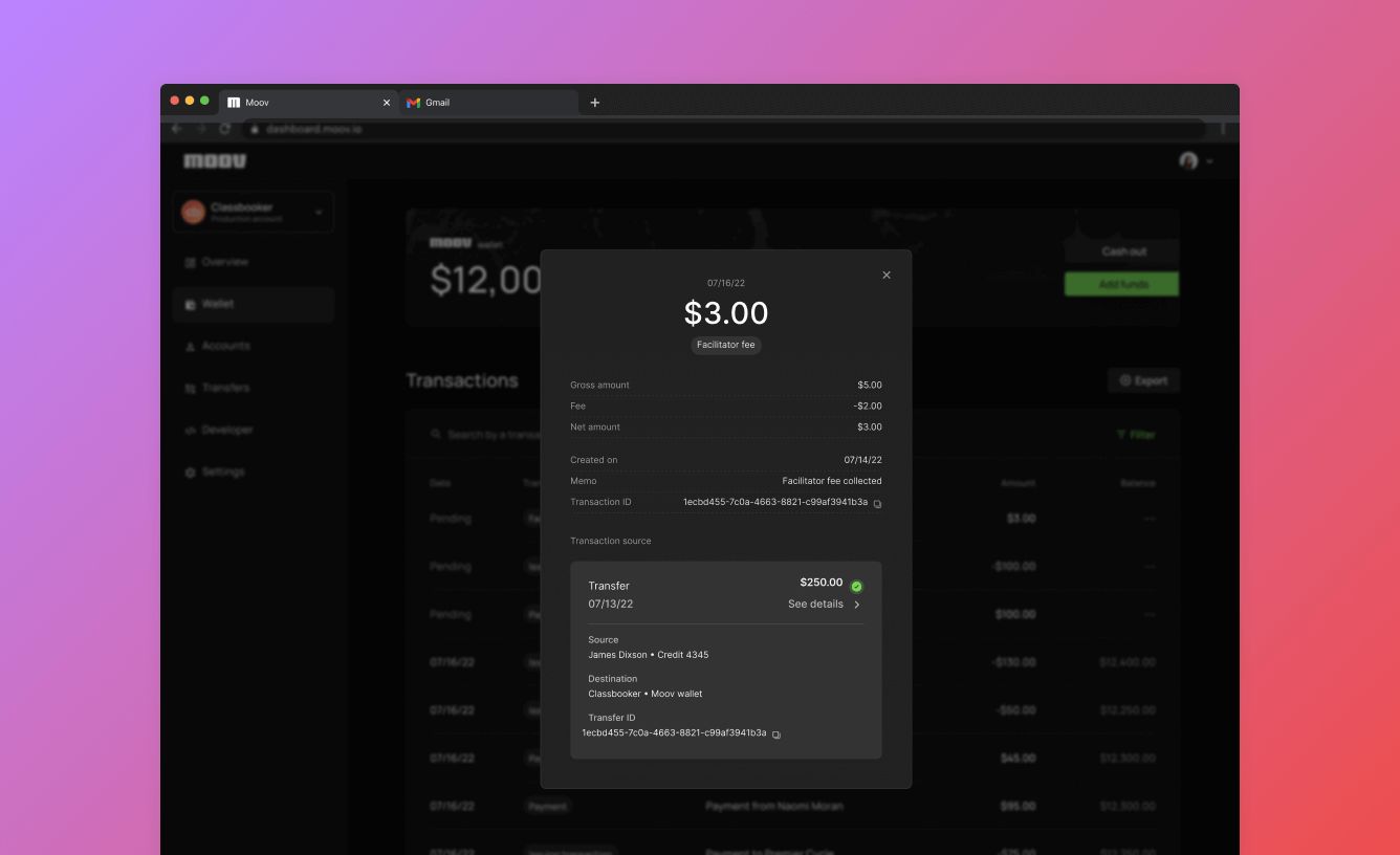 Wallet transaction detail view in Moov Dashboard