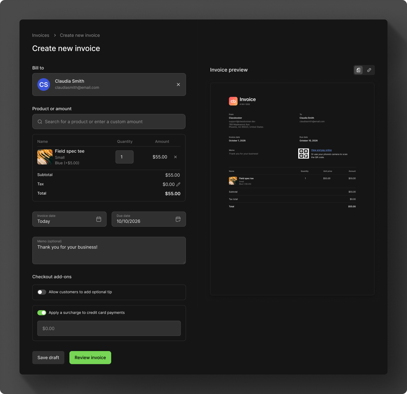 Create invoice in the Dashboard