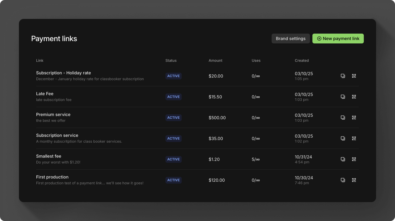 Payment link Dashboard view