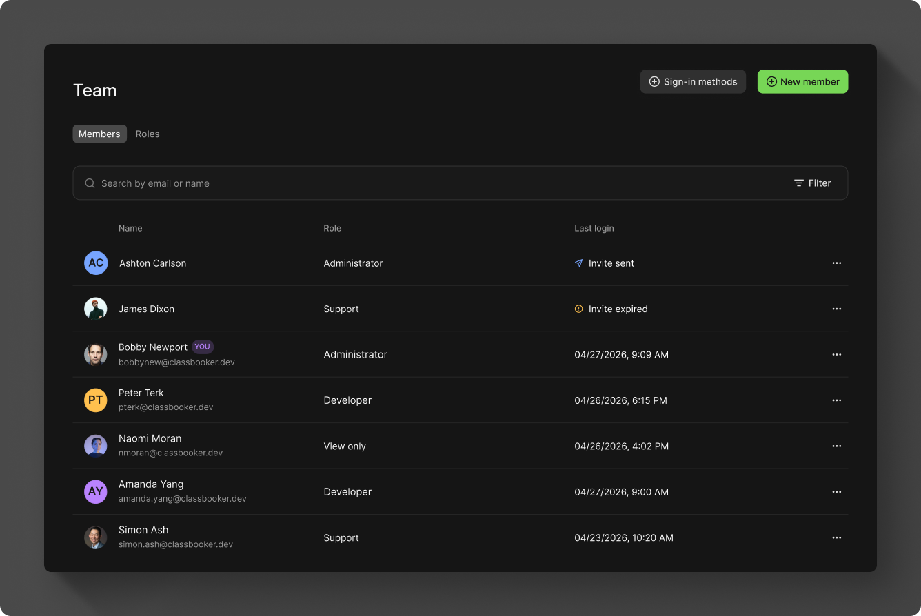 Manage team members view in Moov Dashboard