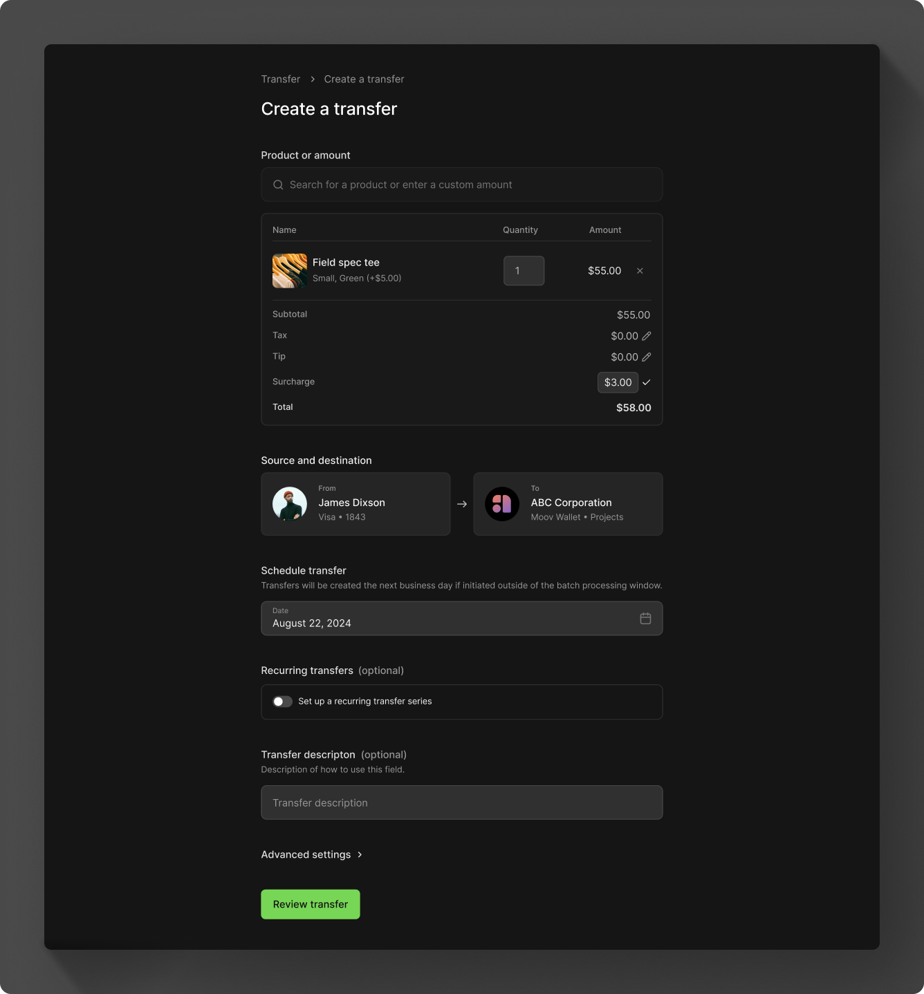 Transfer detail view in Moov Dashboard