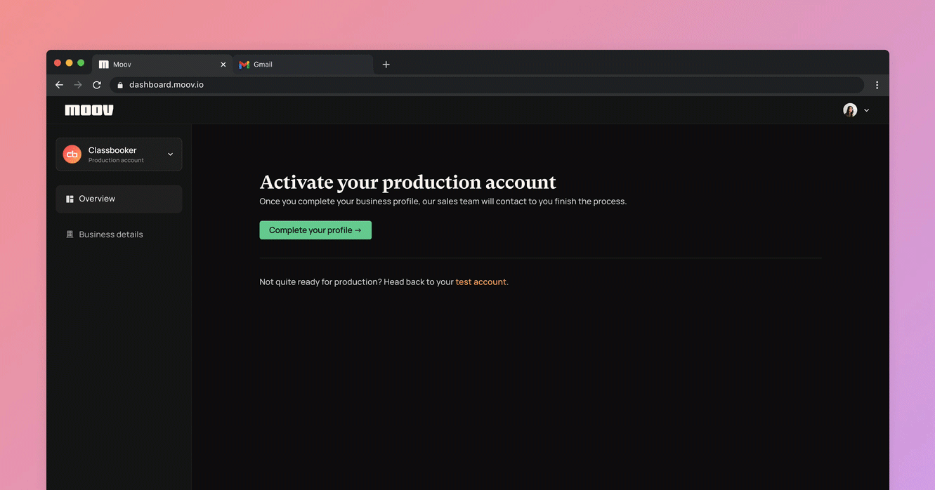 Activate production account GIF of Moov Dashboard