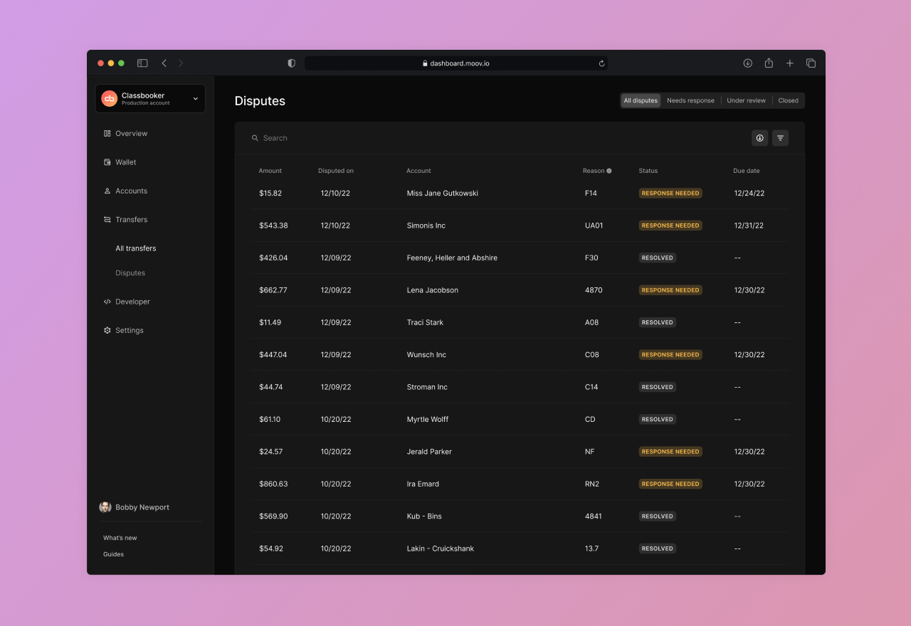 Disputes view in Moov Dashboard