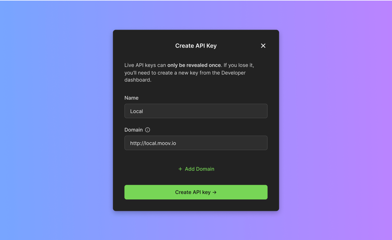 Create API key form in Moov Dashboard