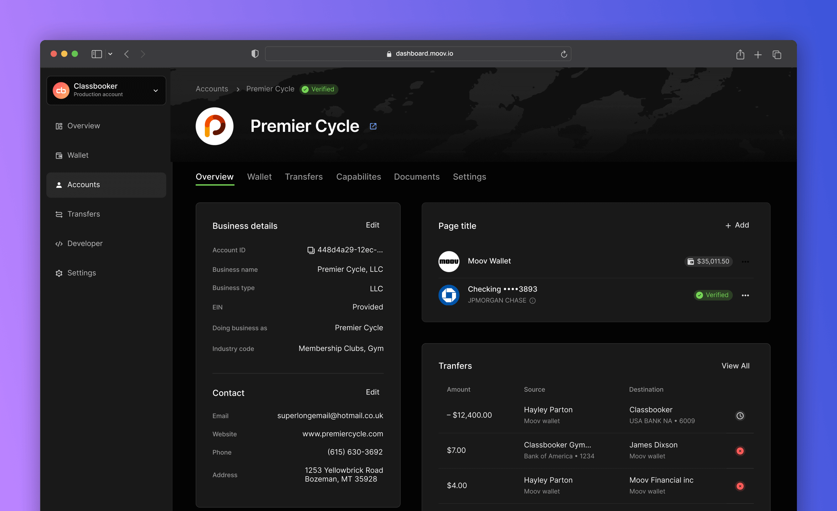 Account view in Moov Dashboard
