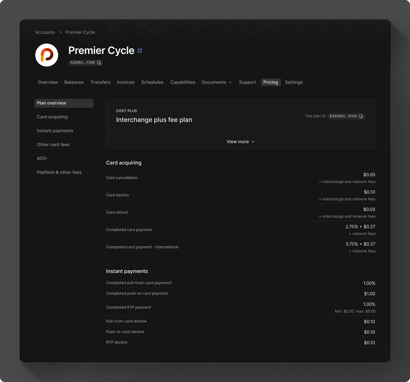 Pricing view in the Moov Dashboard