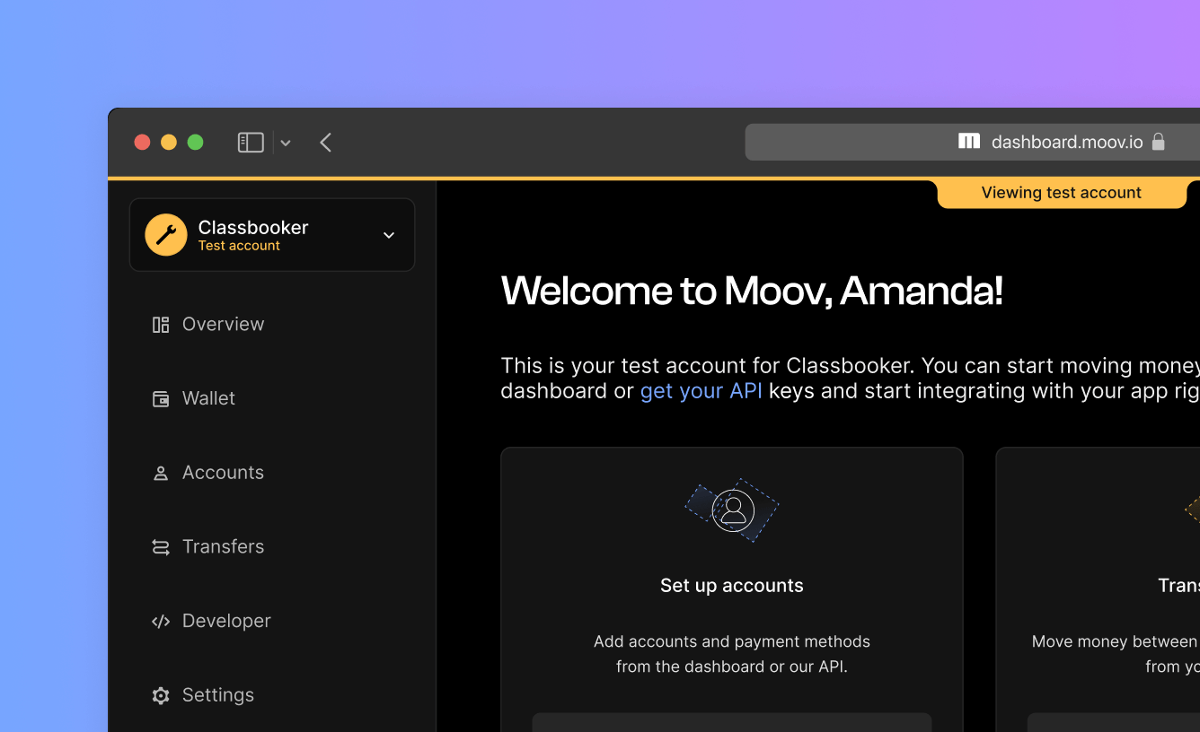 Toggle for test account in Moov Dashboard