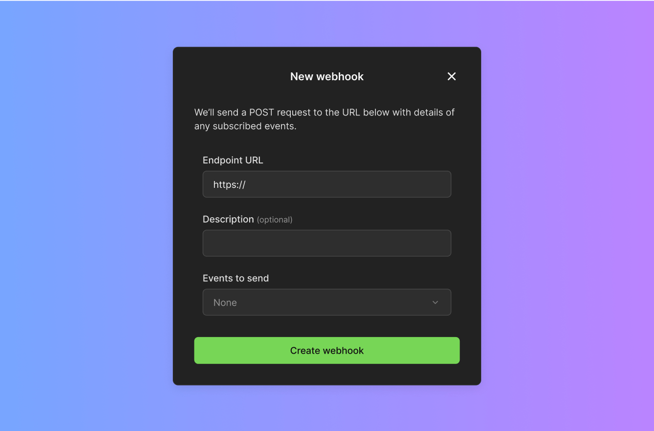 New webhook form in Moov Dashboard